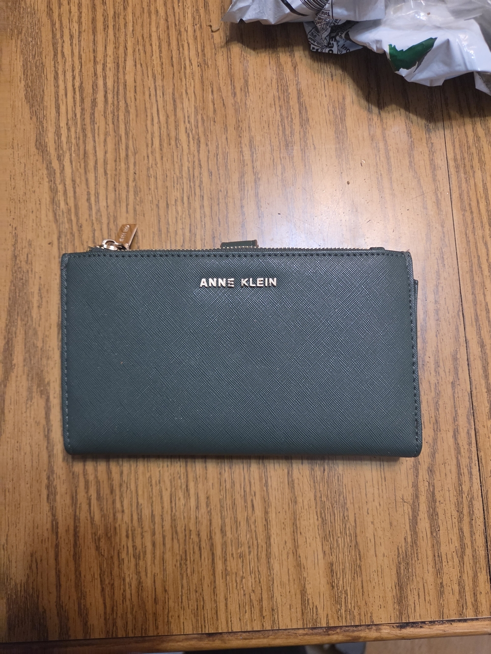 Anne Klein Hunter Green Saffiano Zip Wallet with Gold Logo